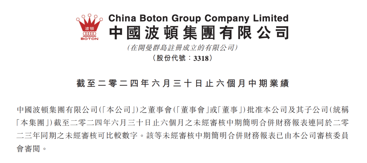 China Boton Group Limited (3318.HK) publica el informe de rendimiento de mediados de 2024.