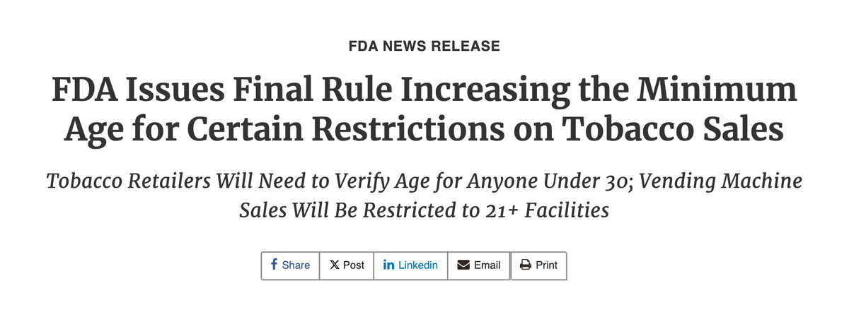 FDA Raises Minimum Age for Tobacco Vending Sales to 21, Requiring ID for Under-30 Buyers