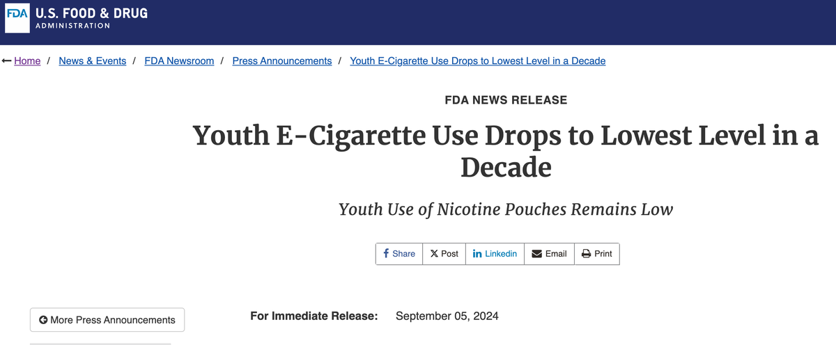 U.S. FDA Youth Survey: ELFBAR Usage Drops to 36% After FDA Enforcement, ZYN Becomes Top Choice Among Teens