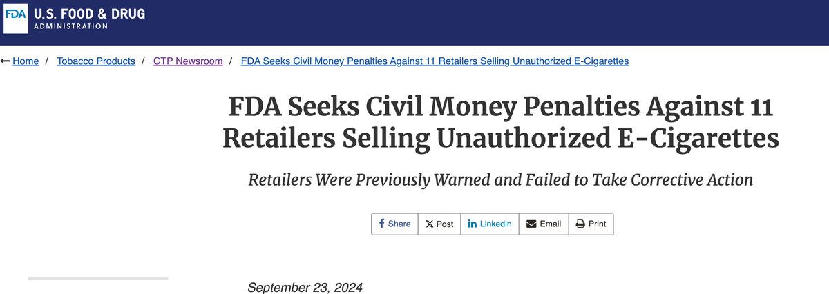 FDA Seeks Fines for Unauthorized Tobacco Sales from Retailers