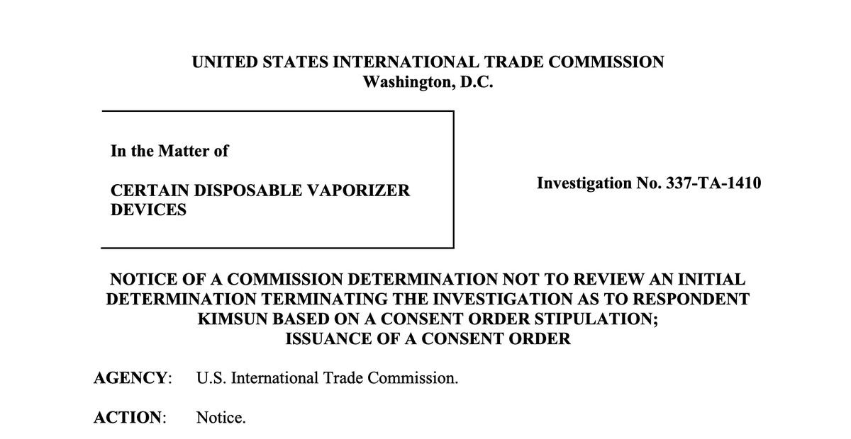 La Comisión de Comercio Internacional (ITC) finaliza la investigación sobre Kimsun en la disputa de cigarrillos electrónicos.