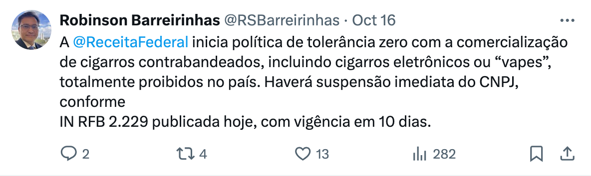 El Departamento de Ingresos Federales de Brasil anuncia la suspensión de las actividades relacionadas con los cigarrillos electrónicos.