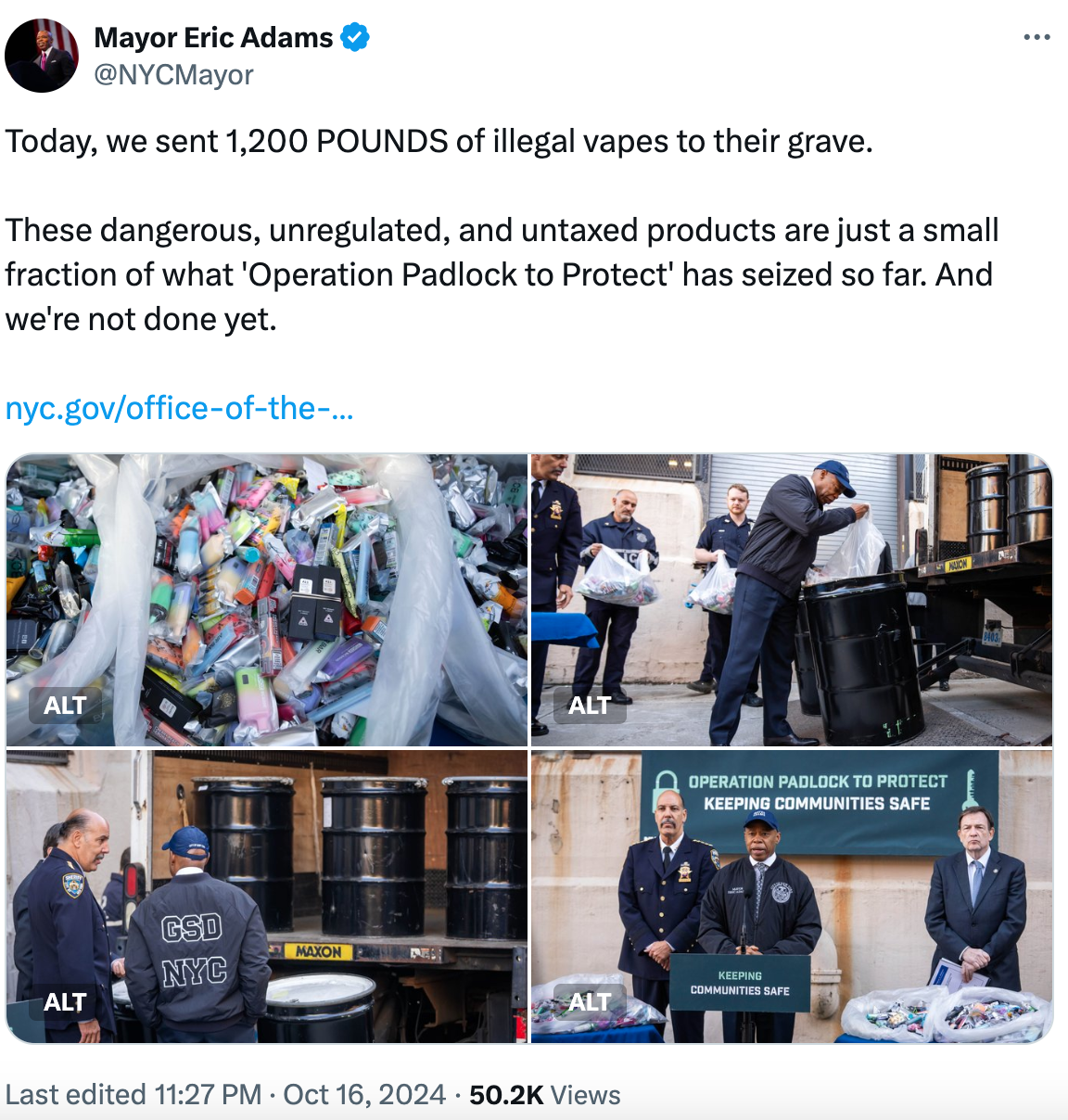 Mayor Eric Adams announces seizure of 1200 pounds of illegal e-cigarettes