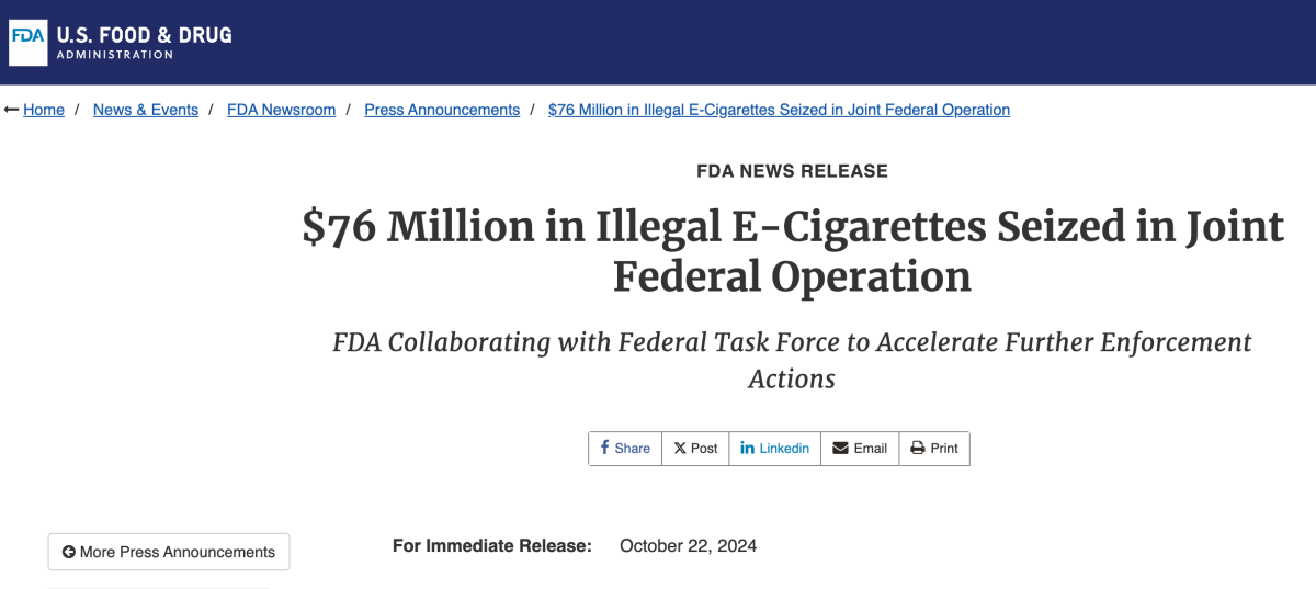 美国FDA联合海关扣押GEEKBAR等300万件非法电子烟产品 涉案金额达7600万美元