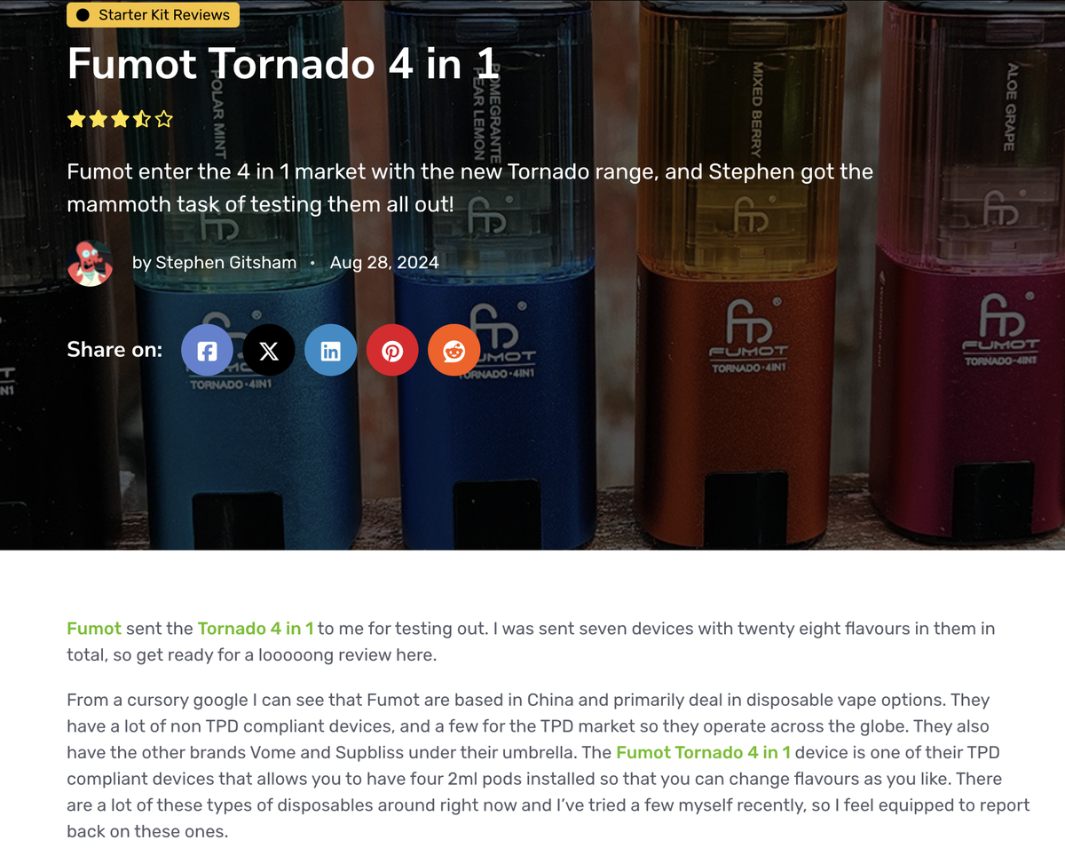 FUMOT launches 4-in-1 e-cigarette in UK, meeting TPD standards