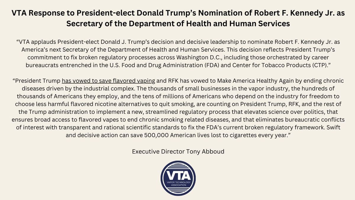 VTA Backs Trump's RFK Jr. Nomination, Calls for Regulatory Reform
