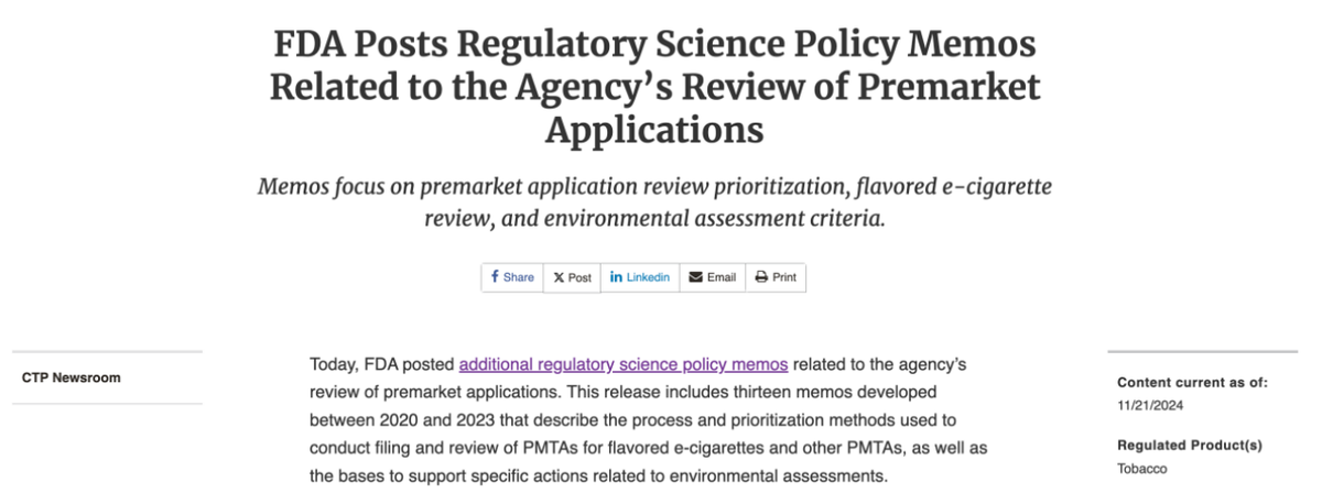 Analysis of FDA Regulatory Science Policy Memos: Age-Gating Products Prioritized, Non-Tobacco Flavors Must Demonstrate 'Incremental Benefit'