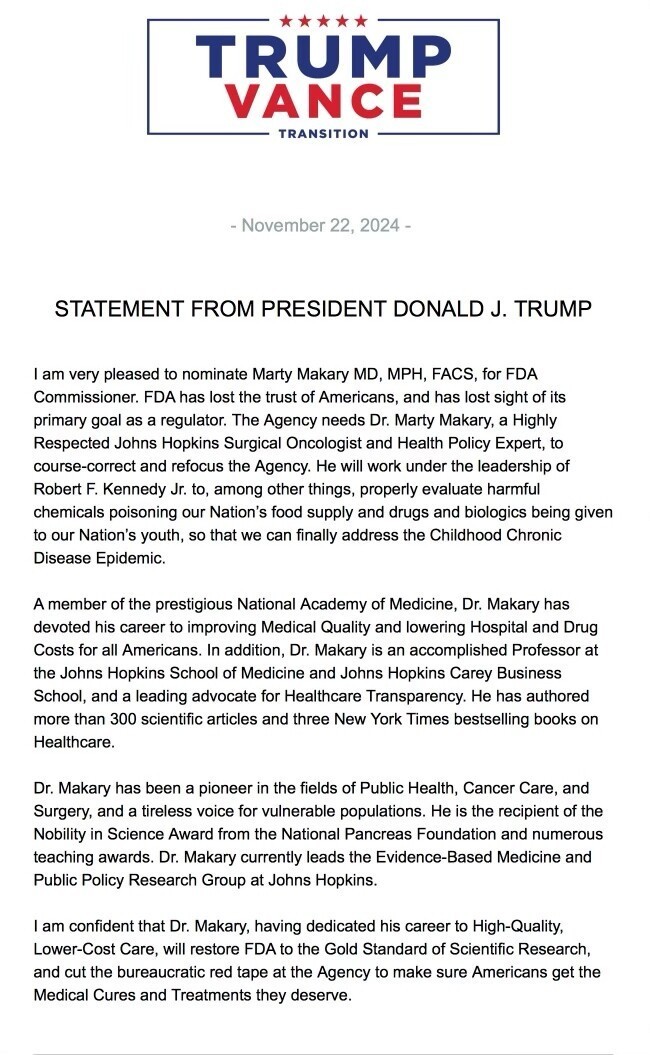 Donald Trump ha nominado al Dr. Martin Makary como director de la FDA.