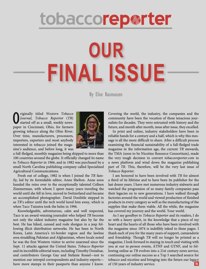 End of an Era: Tobacco Reporter, 150-Year-Old Industry Magazine, to Cease Publication