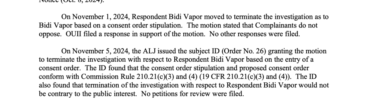美国ITC发布对电子烟产品337部分终裁:Bidi Vapor达成同意令协议,终止侵权专利调查