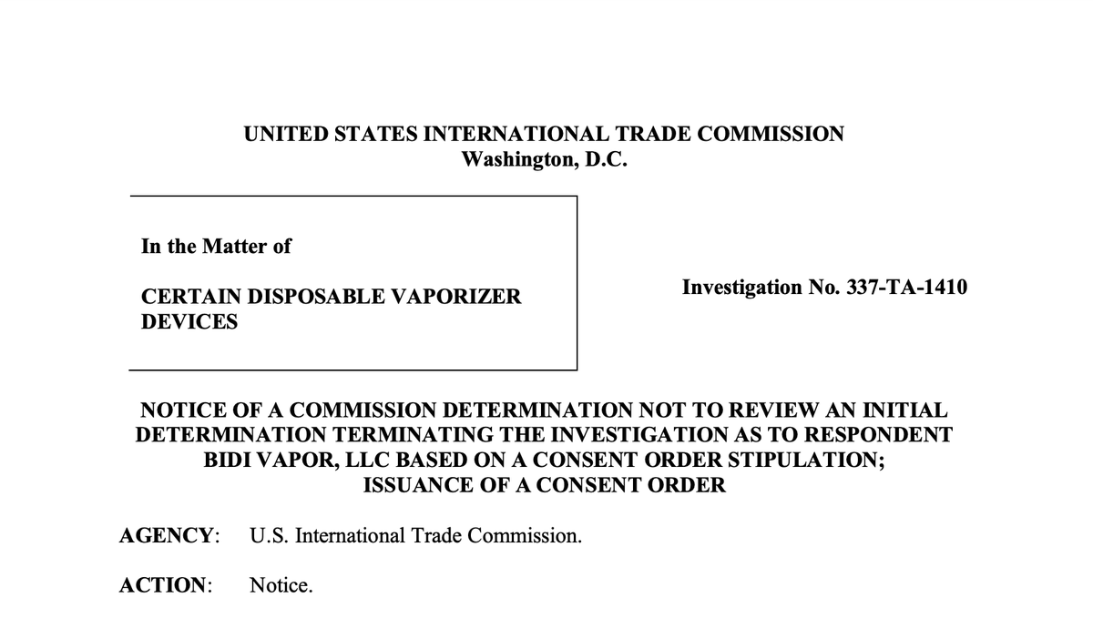 2FIRSTS | ITC Termination of Investigation: Bidi Vapor Dispute Resolution