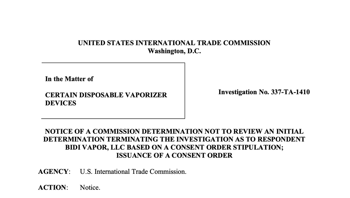 Conclusión de la investigación del ITC: Resolución de disputas de Bidi Vapor