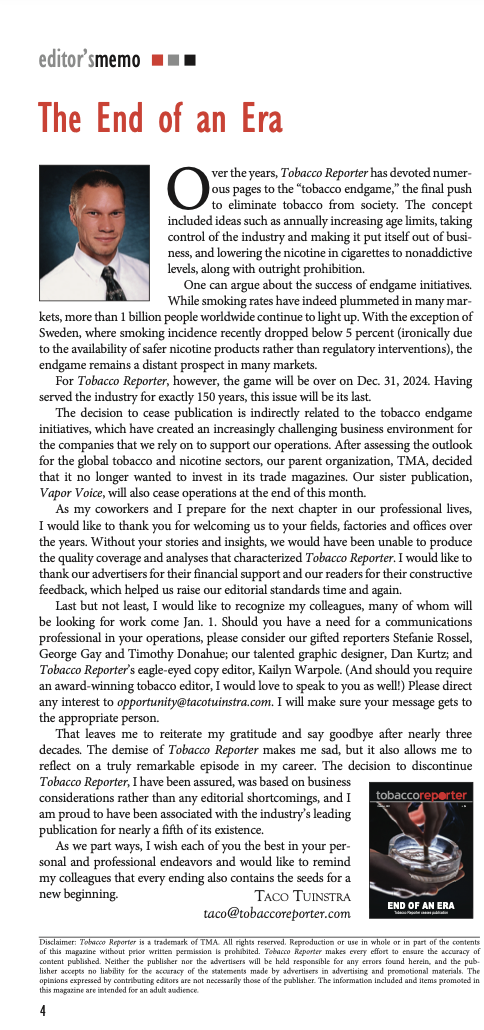 150年历史的知名烟草行业杂志Tobacco Reporter宣布停刊