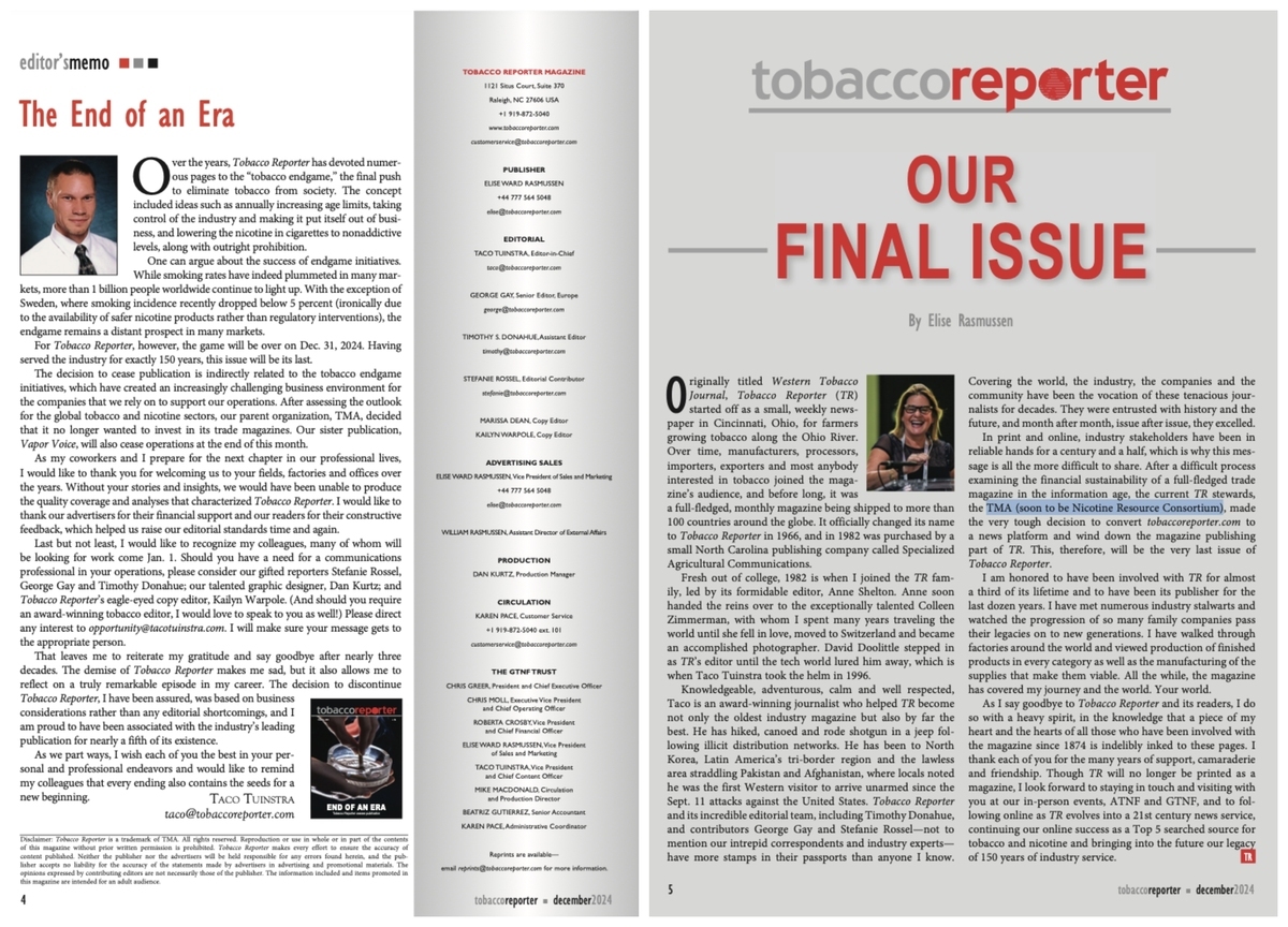 Fin de una era: la revista Tobacco Reporter cesa su publicación.