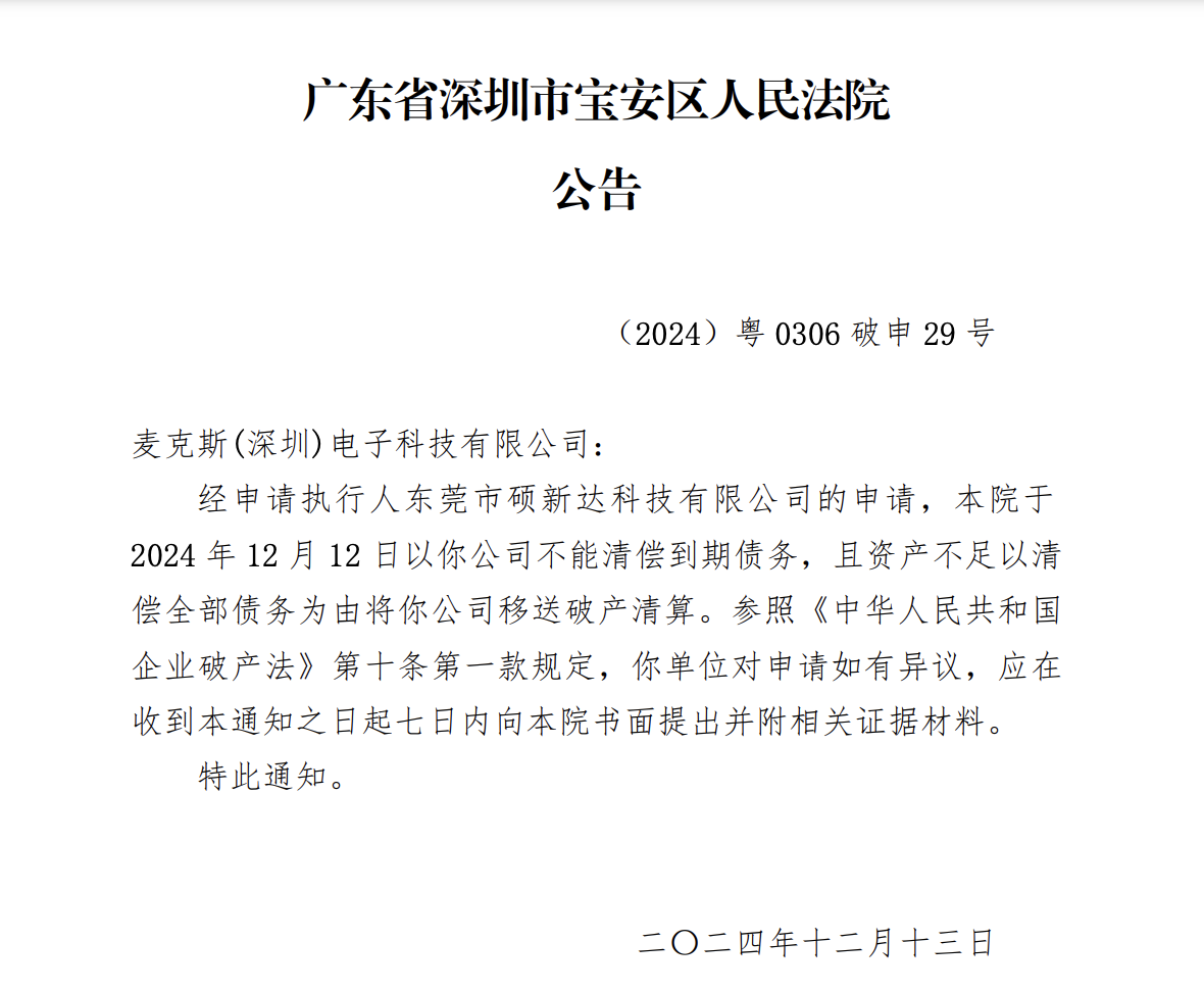 Max (Shenzhen) Electronic Technology Co., Ltd. Declared Bankrupt