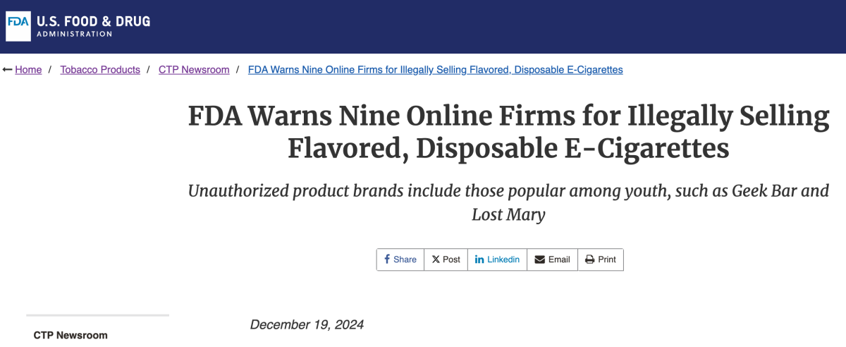 美国FDA对九家企业发出警告信 Geek Bar和Lost Mary遭点名