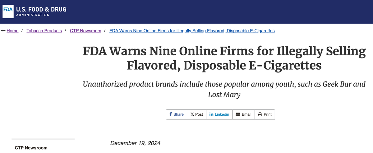 FDA Warns 9 Online Firms for Illegally Selling Flavored, Disposable E-Cigarettes, Including Geek Bar and Lost Mary