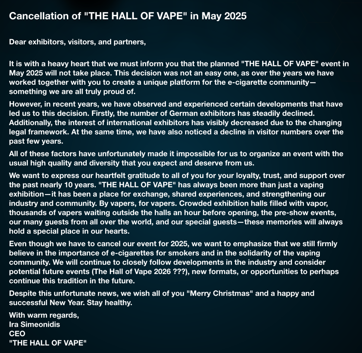 因法规变动和参展商减少 德国2025年“The Hall of Vape”电子烟展会被取消