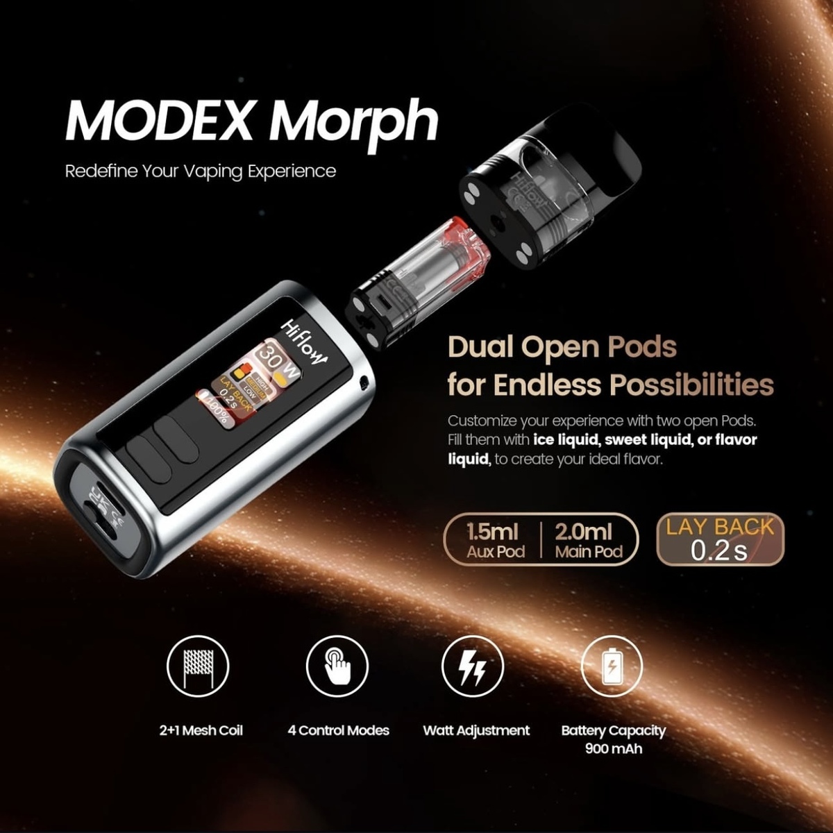 HIFLOW MODEX Morph: El primer cigarrillo electrónico de doble pod abierto del mundo.