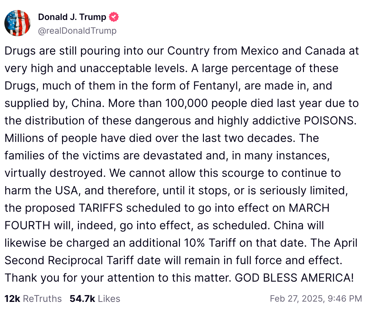 Trump anuncia nuevos aranceles sobre China, México y Canadá.