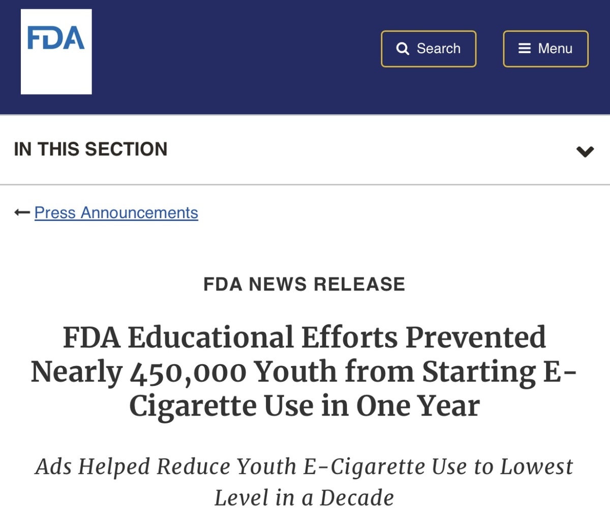 FDA says U.S. youth e-cigarette prevention campaign reduced vaping rates