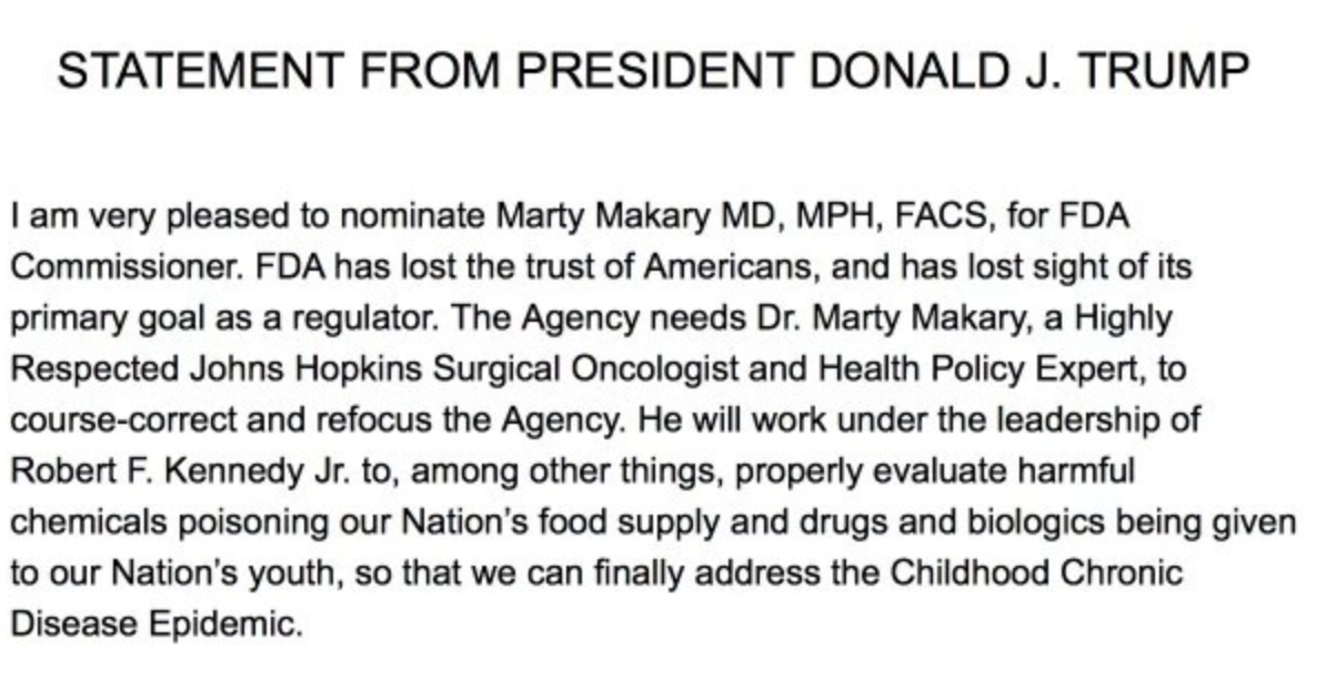 Marty Makary confirmado como el 27º Director de la FDA por el Senado