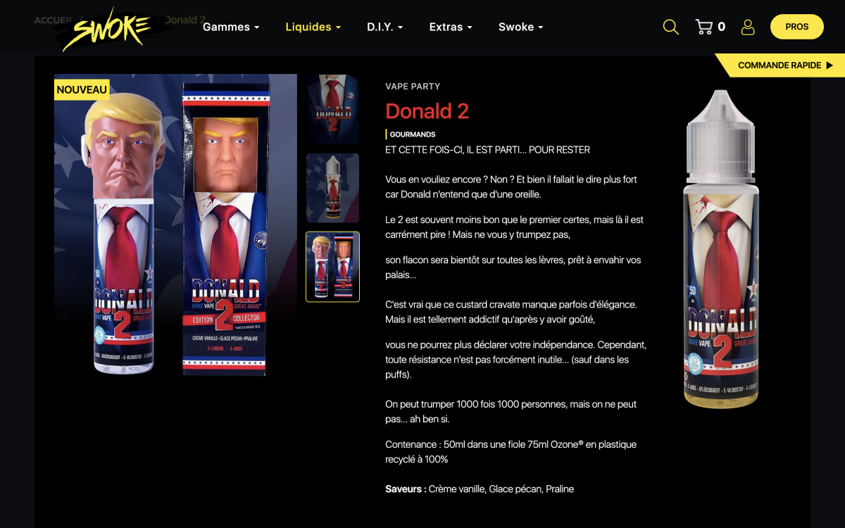 产品|法国烟油品牌SWOKE推出“Donald 2” 外观模仿特朗普经典形象