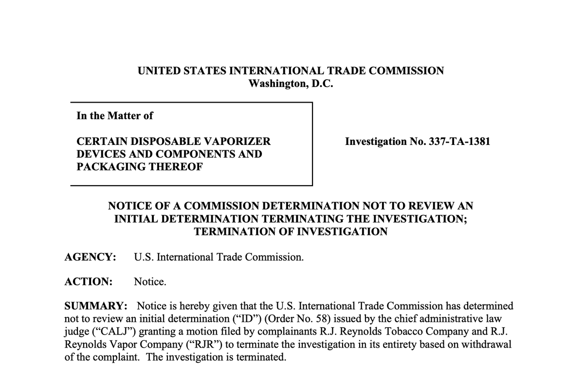 USITC terminates investigation on disposable e-cigarette devices after Reynolds Tobacco withdraws complaint