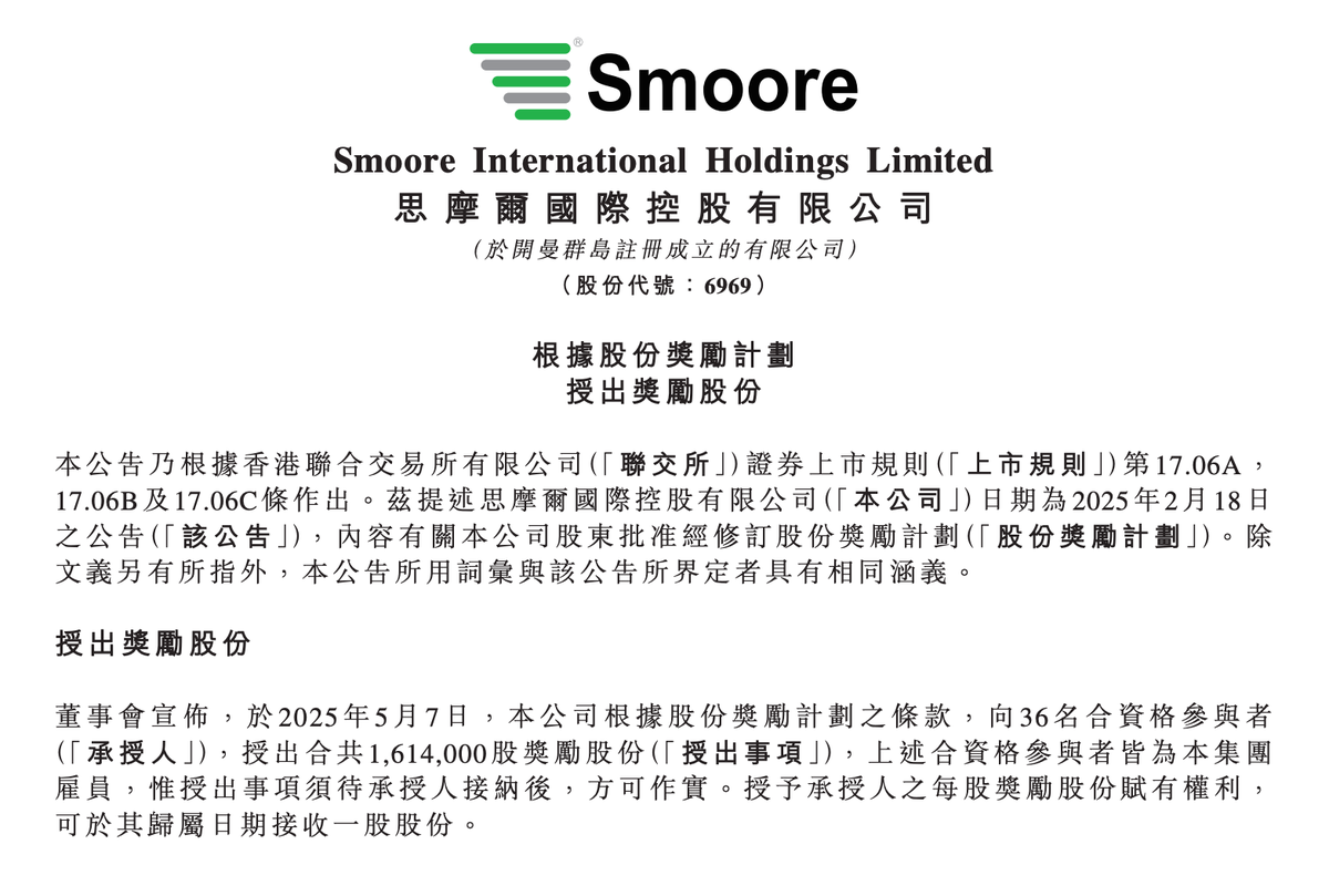 Smoore Announces Equity Incentive Plan: Grants Over 4M Shares to 49 Employees, Valued at Over HK$54.14M