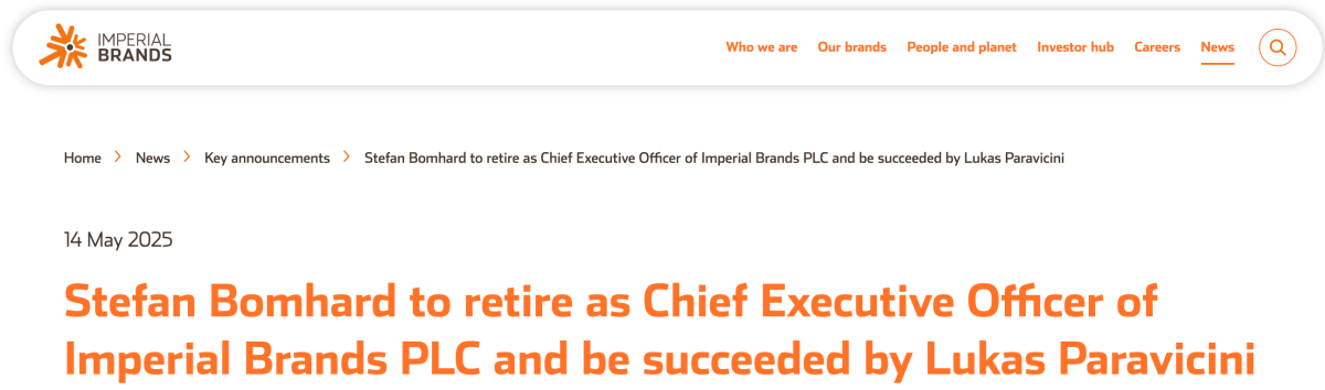 帝国烟草CEO斯蒂芬·邦哈德计划10月退休 CFO卢卡斯·帕拉维奇尼接任职位