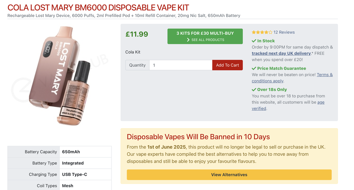 Reino Unido prohibirá los cigarrillos electrónicos desechables a partir del 1 de junio de 2025.