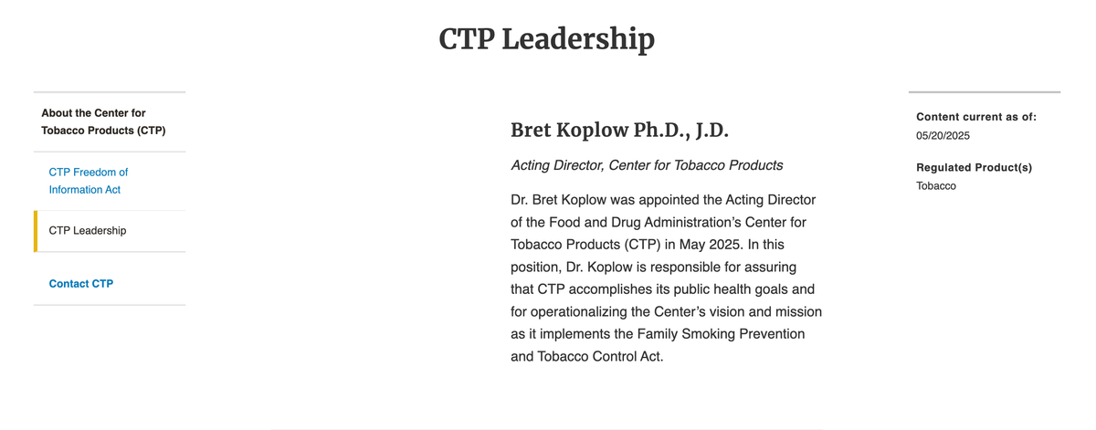 La FDA nombra al Dr. Bret Koplow como jefe interino de la CTP.