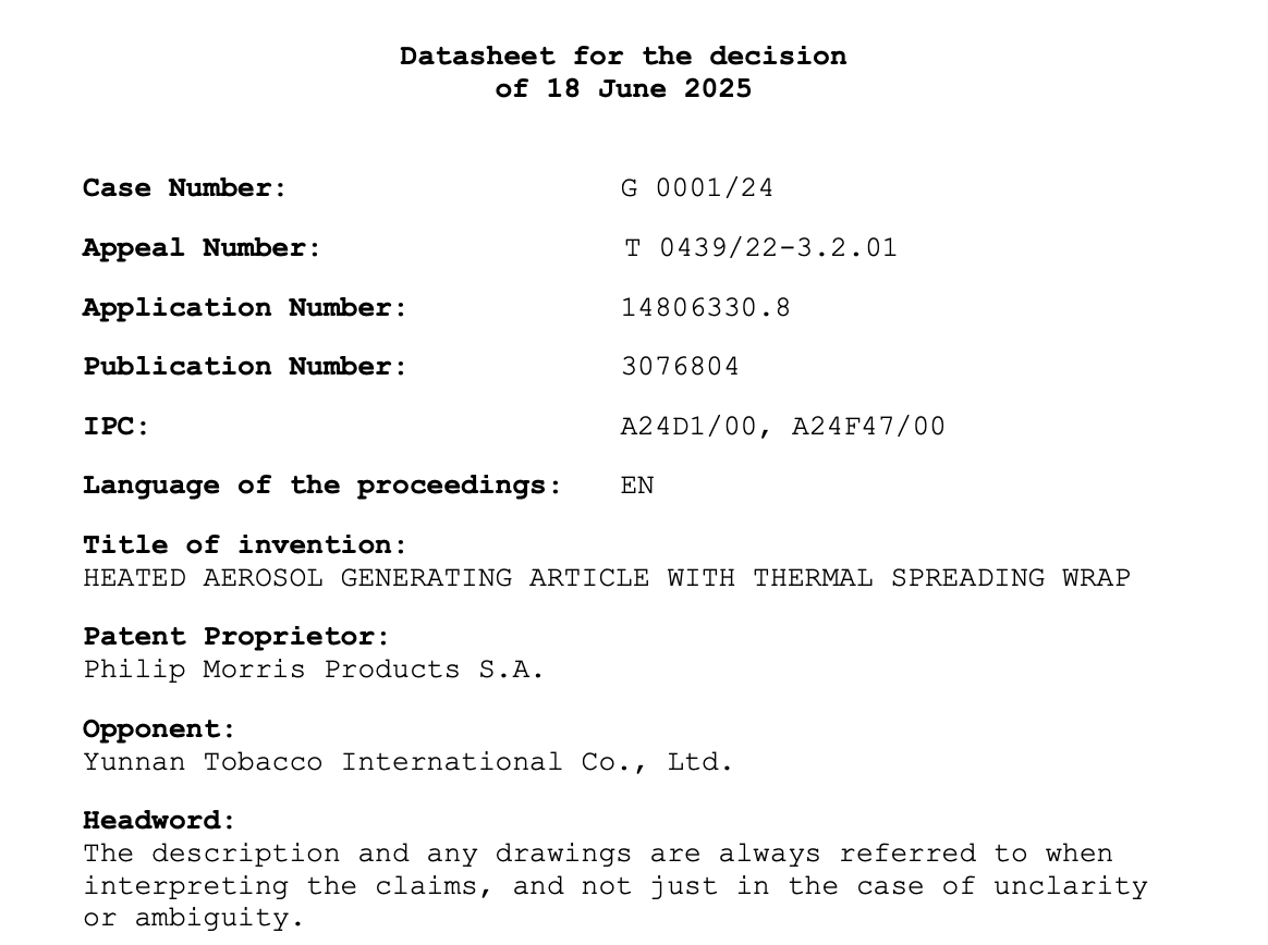[2Firsts Special Report] EPO Enlarged Board of Appeal Issues Key Decision: China YTI Gains Procedural Advantage in Heated Tobacco Patent Dispute with Philip Morris
