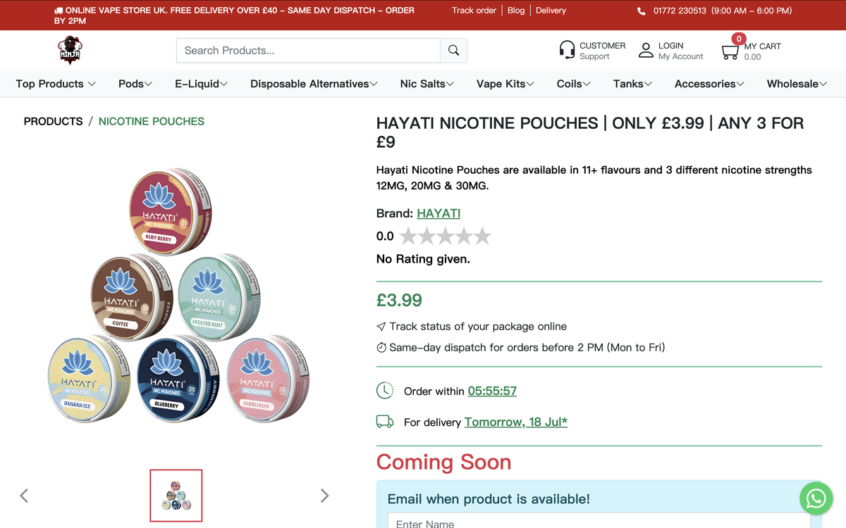 HAYATI lanza bolsitas de NIC con alto contenido de nicotina en los mercados del Reino Unido y Emiratos Árabes Unidos.