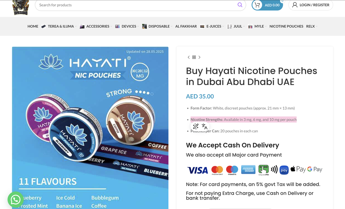 HAYATI lanza bolsitas de NIC con alto contenido de nicotina en los mercados del Reino Unido y Emiratos Árabes Unidos.
