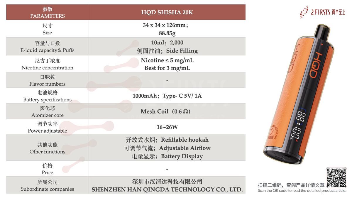 HQD announces the release of its first open-system shisha vape, which can deliver up to 20,000 puffs per single refill