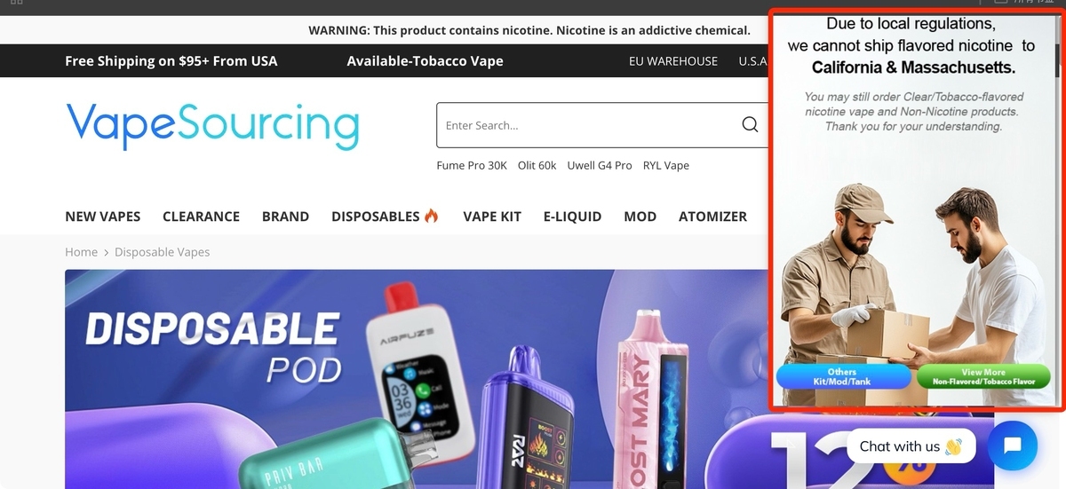 Vapesourcing, a leading U.S. vape retailer, has announced it will no longer supply flavored nicotine products to California and Massachusetts.