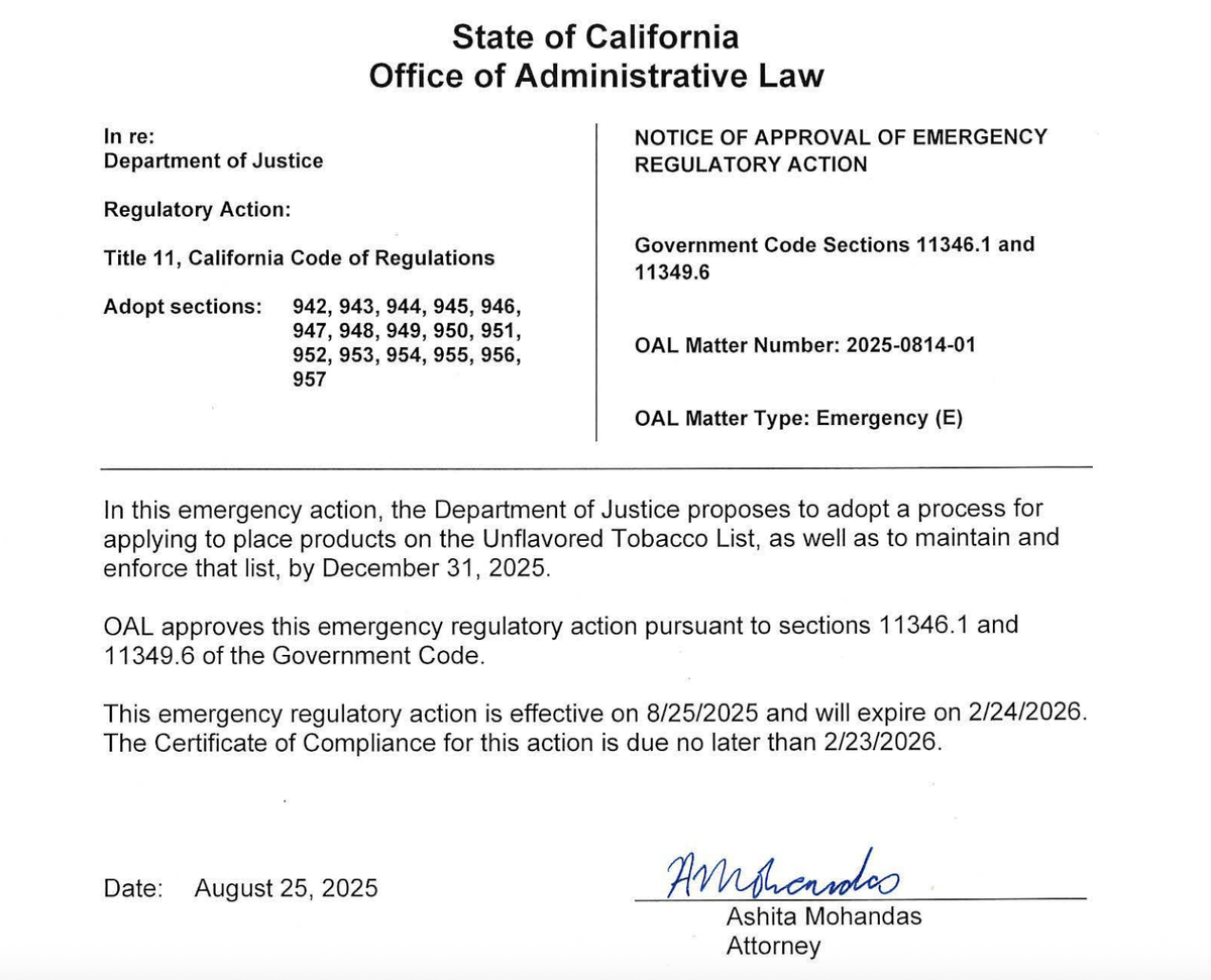 California Officially Approves “Unflavored Tobacco List” Regulation; Products Not Listed Will Be Banned from Sale