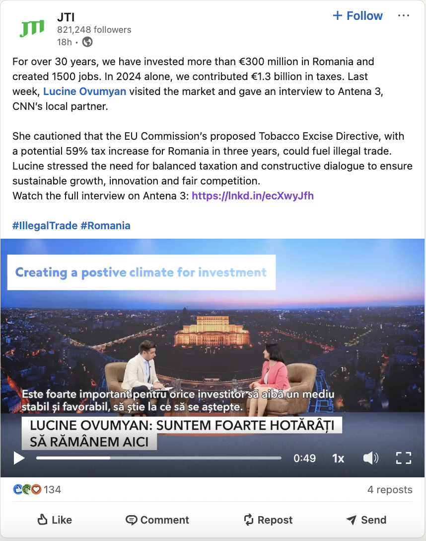 Company | JTI Executive: The company has invested over 300 million euros in Romania and created 1,500 jobs