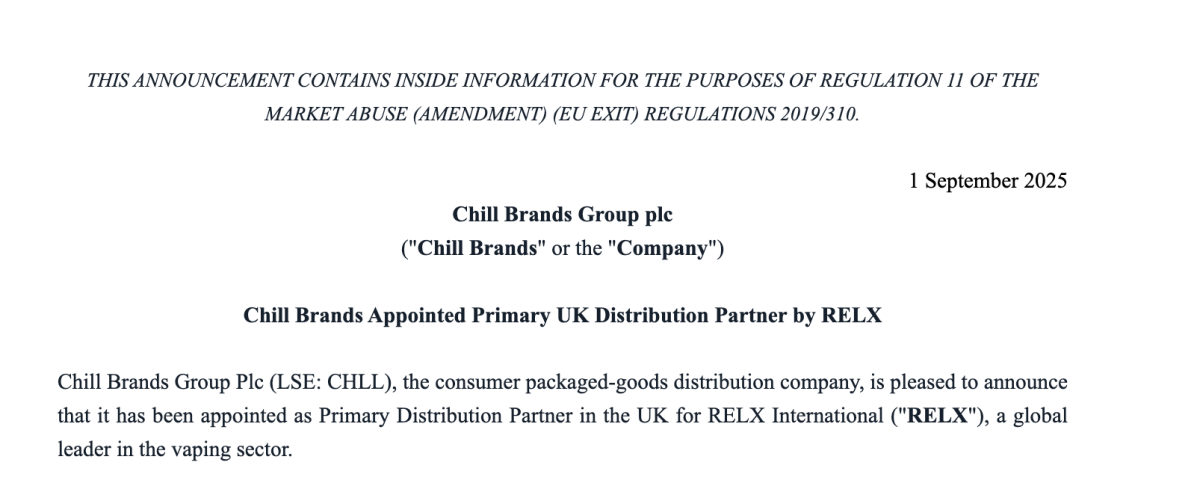RELX深化英国市场战略：继并购头部零售商后，委任Chill Brands为主要分销伙伴