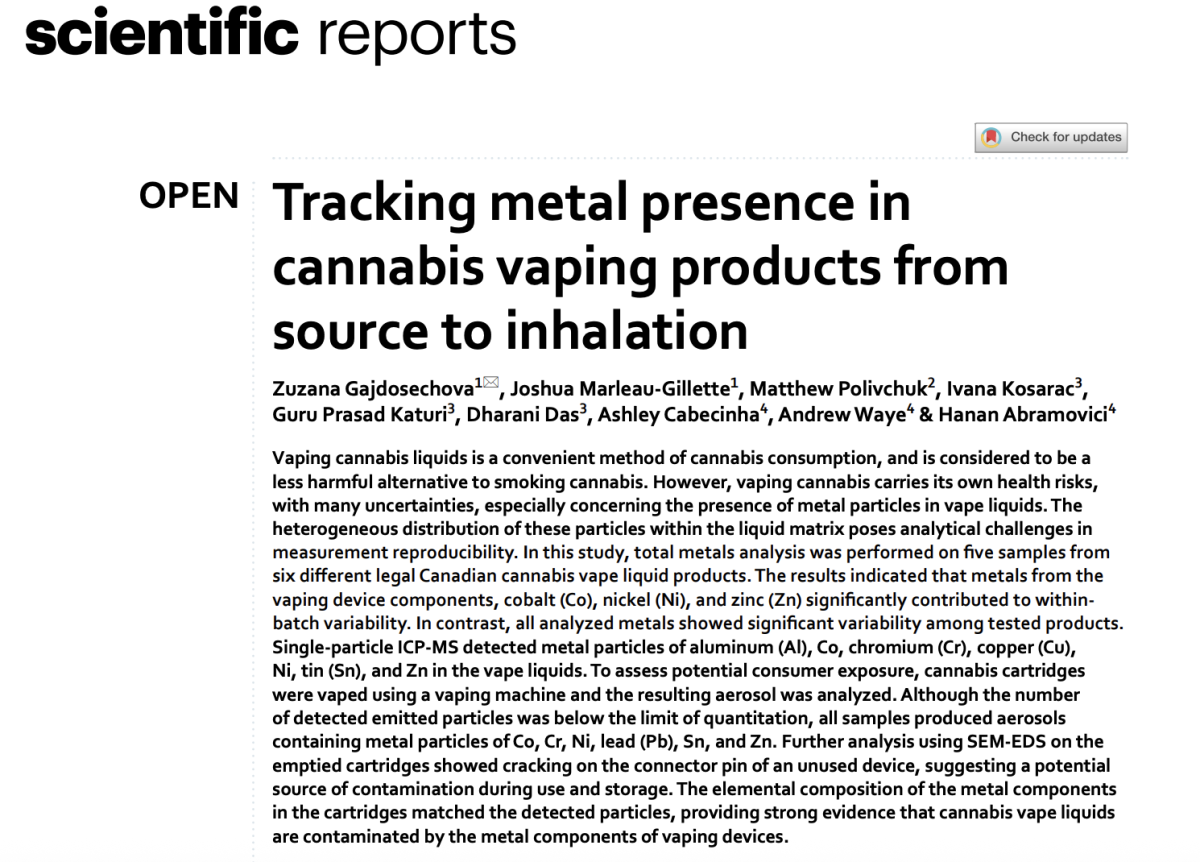 研究摘要 | 加拿大研究:大麻电子烟样品均检出镍、铬、铅颗粒,部分超国际限值