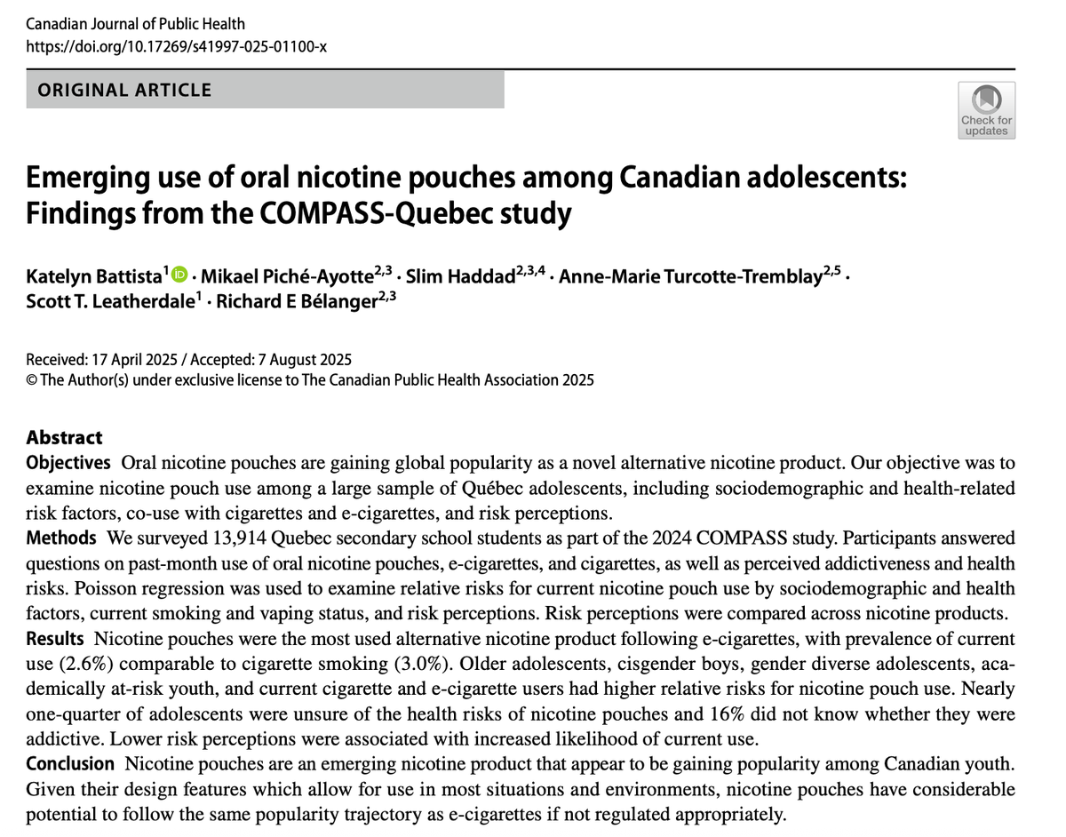 Research Brief | Nicotine pouch use among Canadian adolescents has drawn close to cigarettes