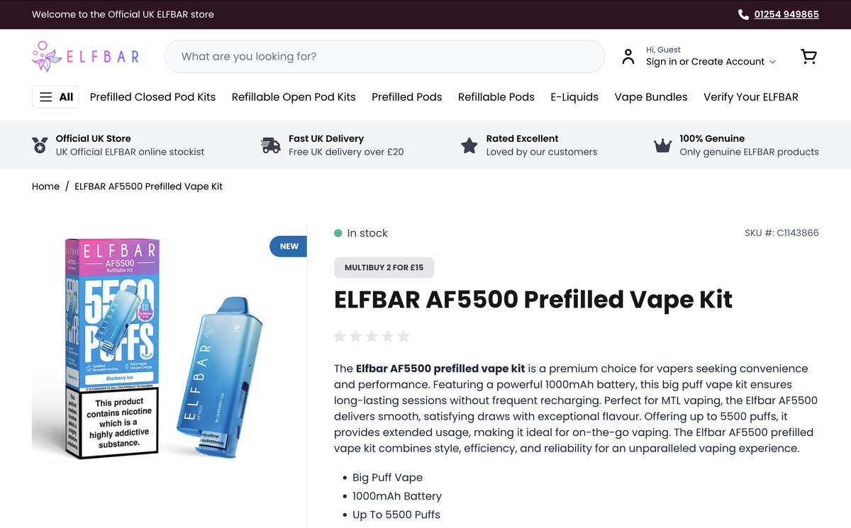 Product | Following the discontinuation of the AF5000, ELFBAR launches compliant alternative AF5500 in the UK.
