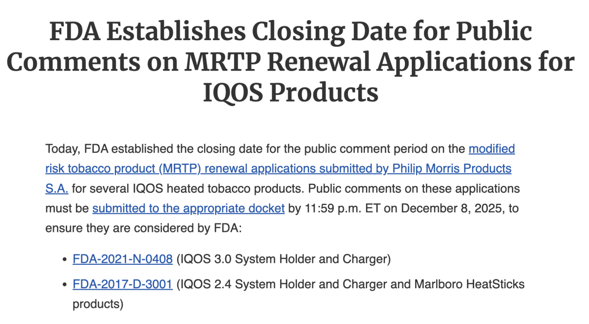 FDA sets deadline for public comments on IQOS harm reduction certification renewal application, decision to consider public opinion and TPSAC recommendations before finalizing.
