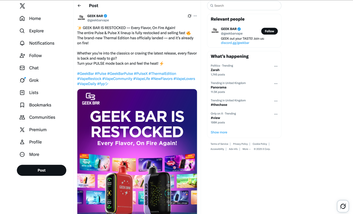 GEEKBAR通过社交平台发布补货公告，Pulse与Pulse X系列产品恢复供应