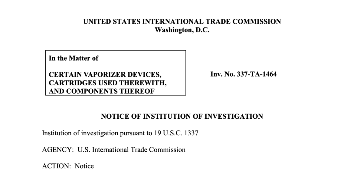 JUUL指控Glas电子烟侵犯其专利 美国国际贸易委员会启动337调查