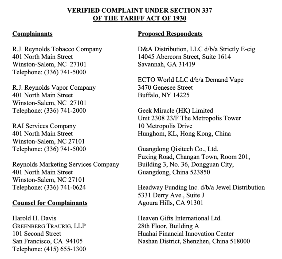 RJ Reynolds asks ITC to investigate alleged vape restriction violations by Heaven Gifts network