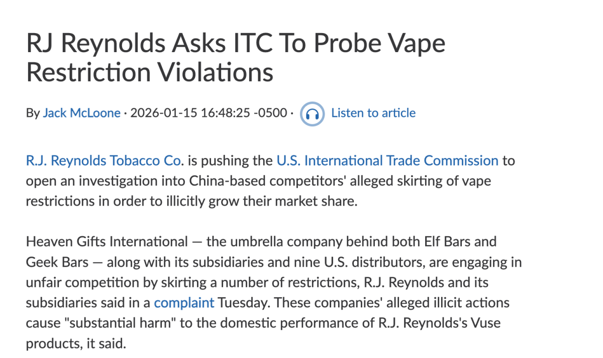 Reynolds Tobacco Files Complaint with U.S. International Trade Commission Against Chinese E-Cigarette Companies for Alleged Unfair Competition Practices, Including Evasion of Restrictions and Taxes