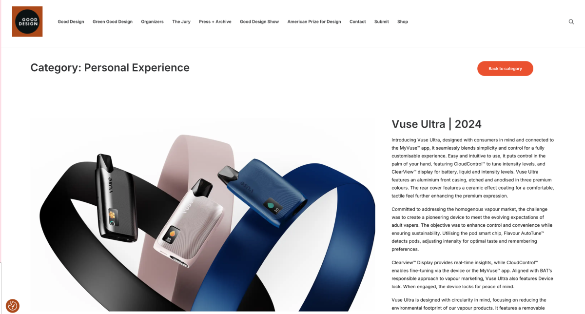 BAT’s Vuse Ultra listed as GOOD DESIGN Awards winner; features app connectivity and adjustable intensity