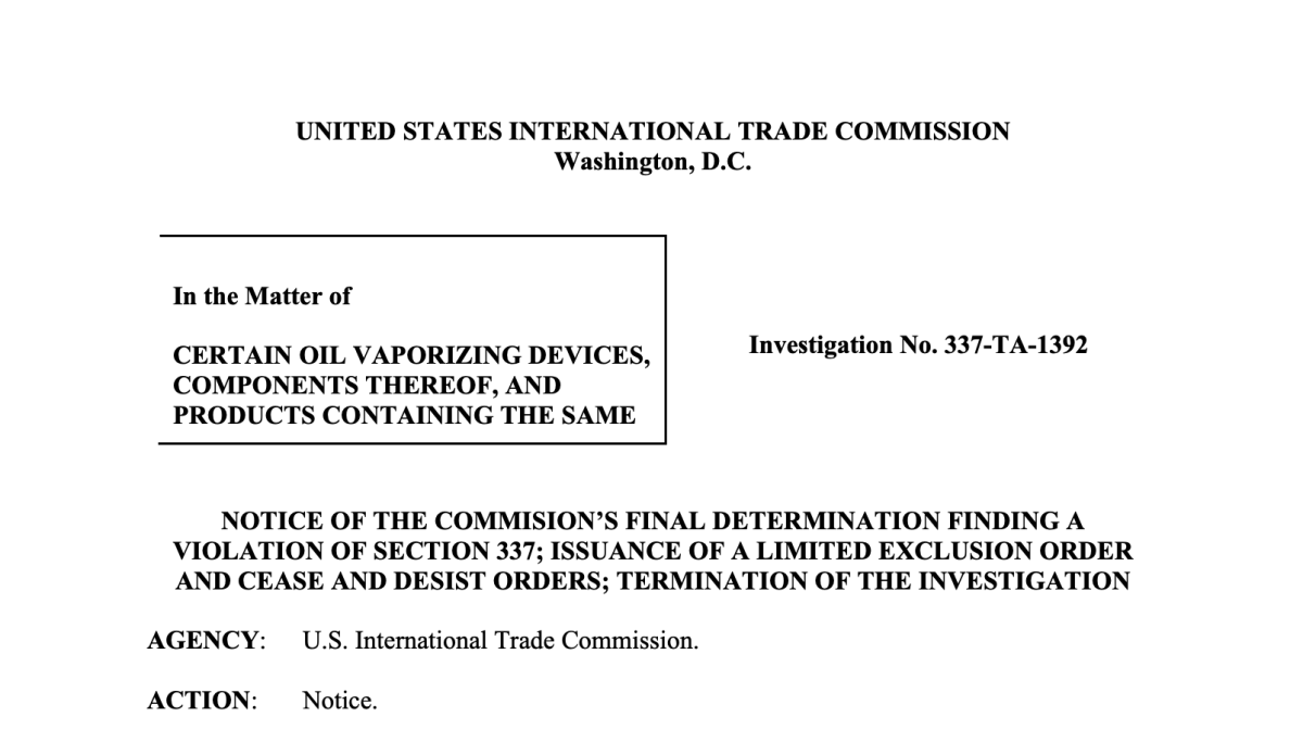 USITC Issues Final Ruling in 337-TA-1392 Investigation, Imposes Limited Exclusion Order and Cease and Desist Orders